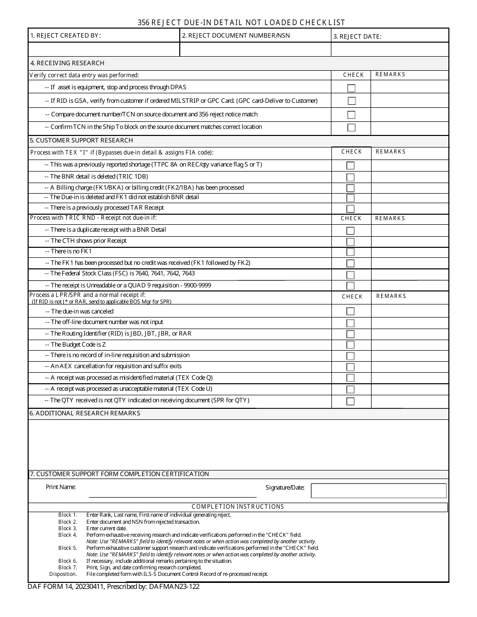 DAF Form 14 356 Reject Due-In Detail Not Loaded Checklist, Page 1