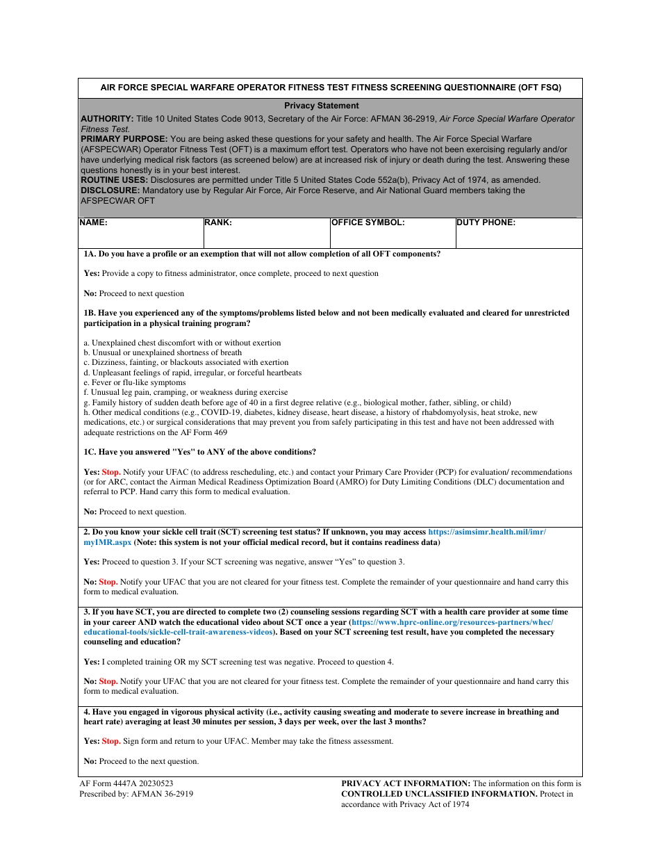 AF Form 4447A Air Force Special Warfare Operator Fitness Test Fitness Screening Questionnaire (Oft Fsq), Page 1