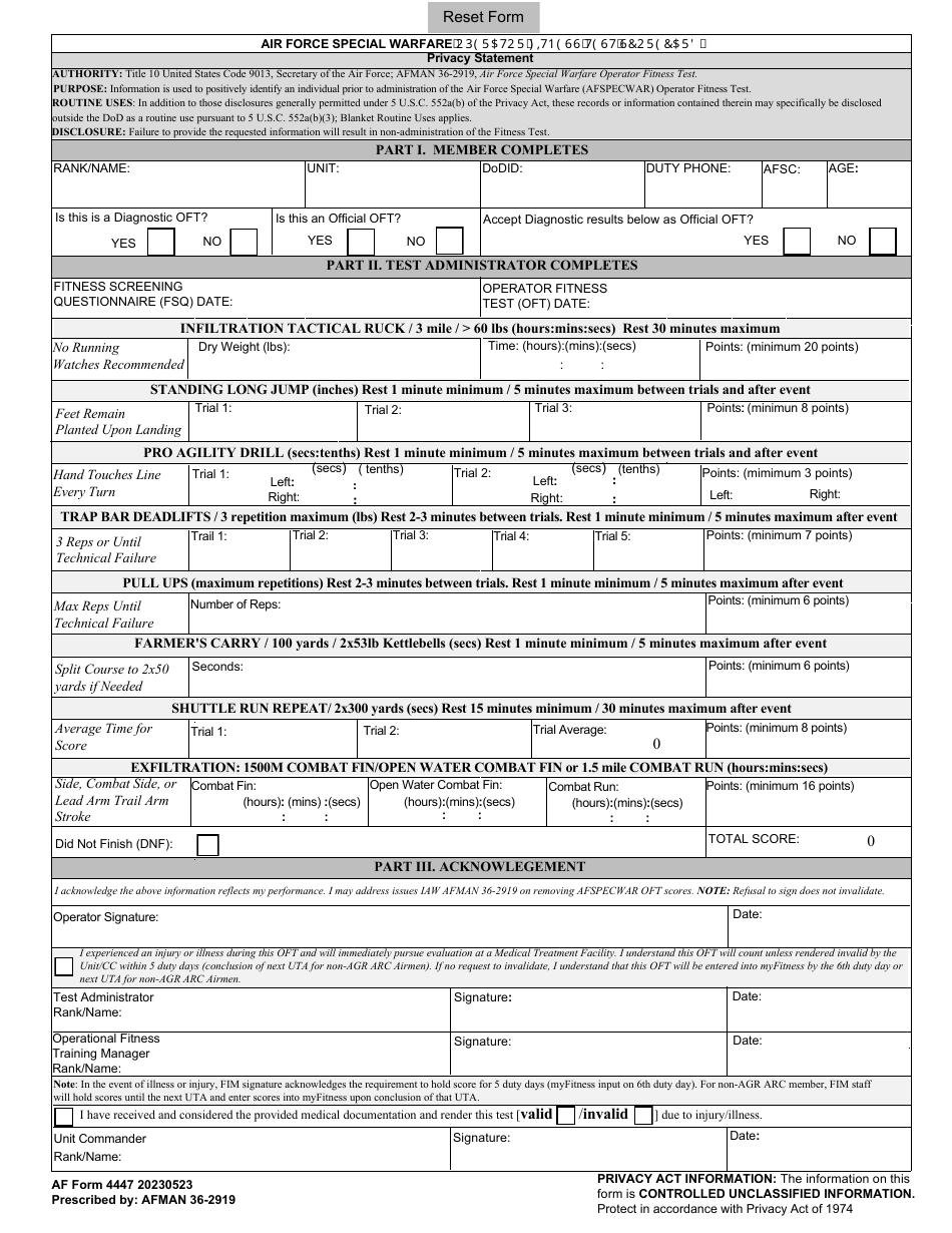 AF Form 4447 Air Force Special Warfare Operator Fitness Test Scorecard, Page 1