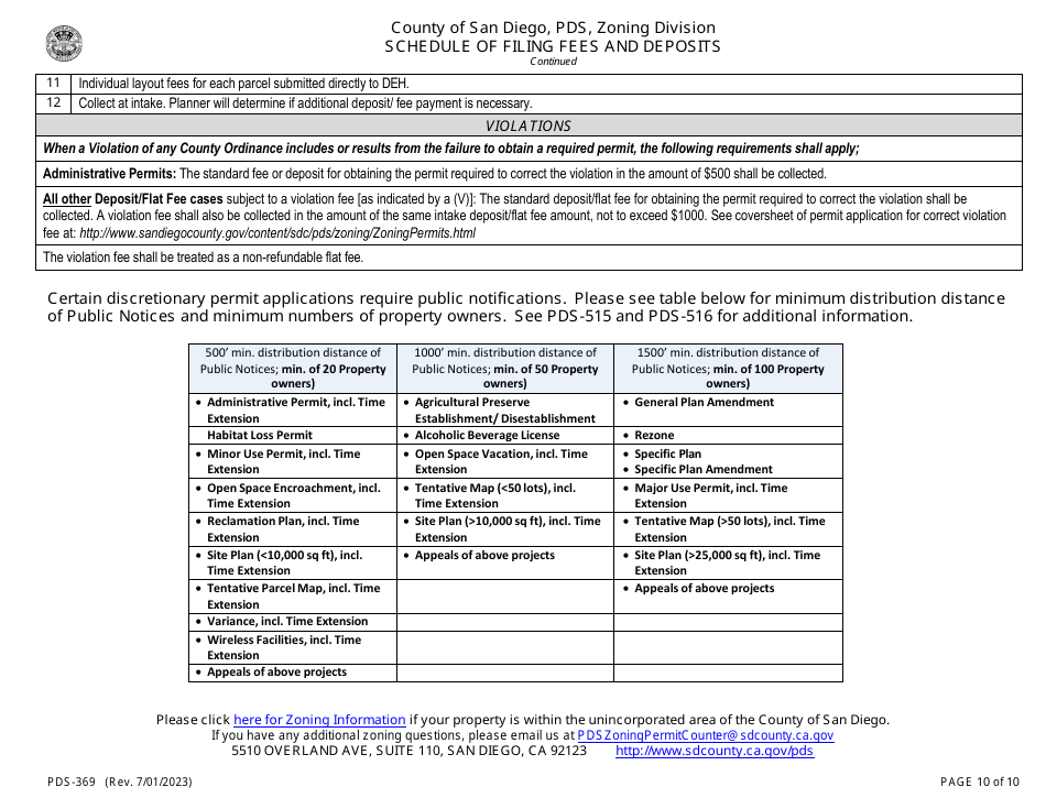 Form PDS-369 Schedule of Filing Fees and Deposits - County of San Diego, California, Page 10
