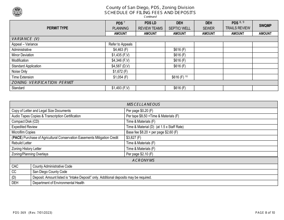 Form PDS-369 Schedule of Filing Fees and Deposits - County of San Diego, California, Page 8