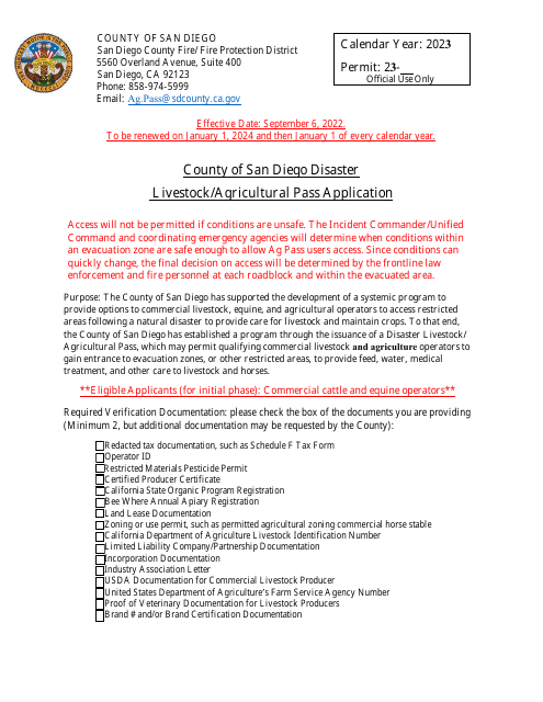 Livestock/Agricultural Pass Application - County of San Diego, California, 2023