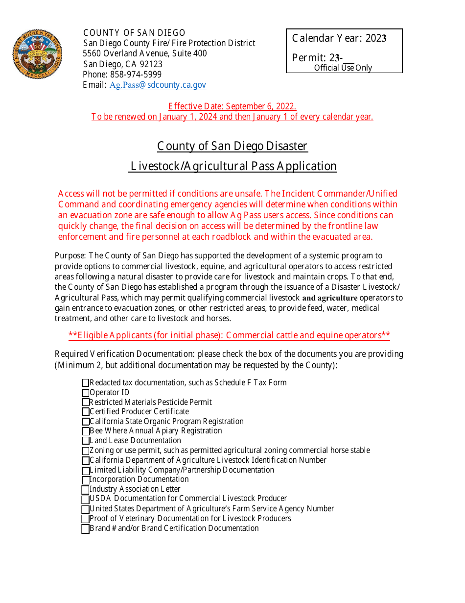 Livestock / Agricultural Pass Application - County of San Diego, California, Page 1