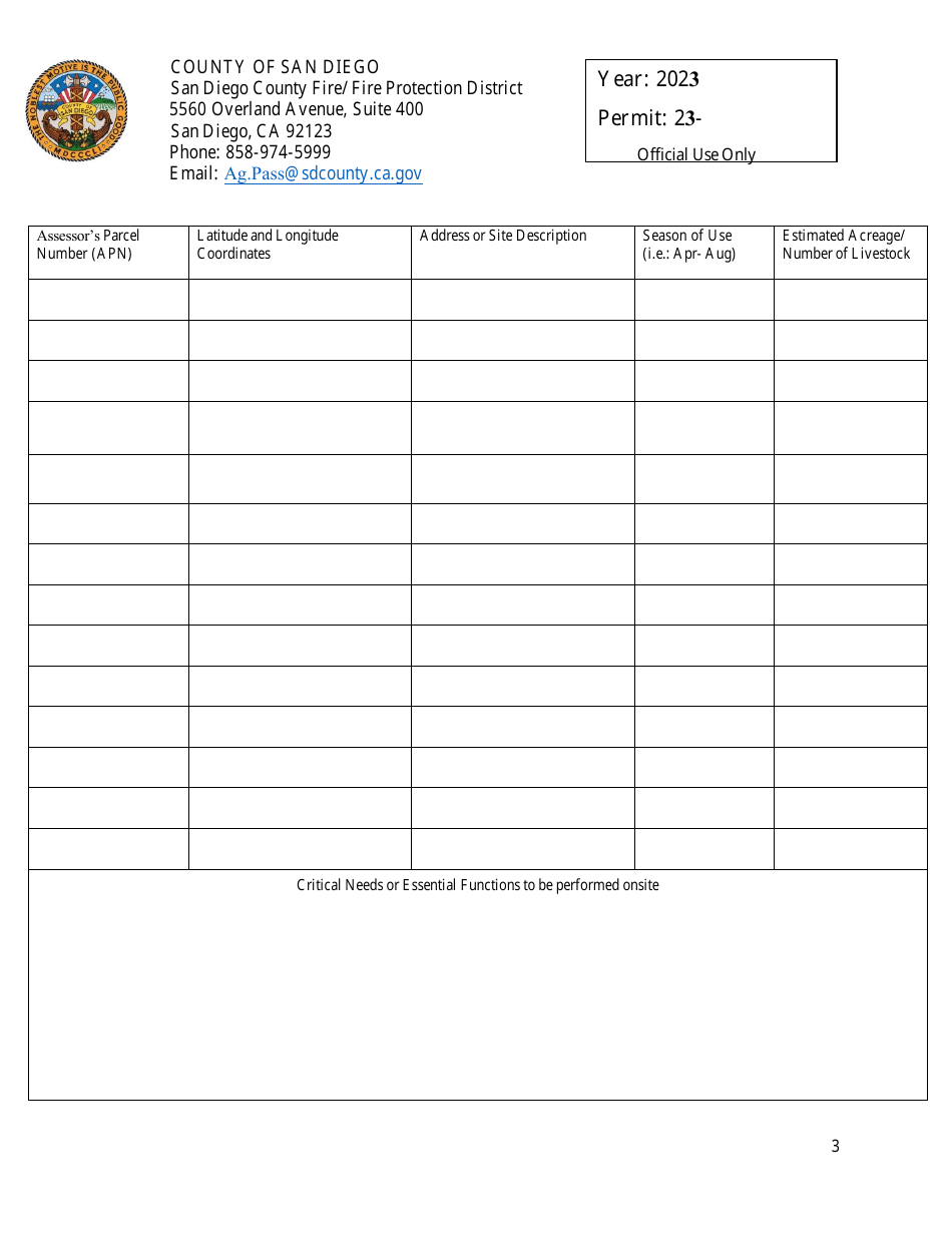 Livestock / Agricultural Pass Application - County of San Diego, California, Page 3