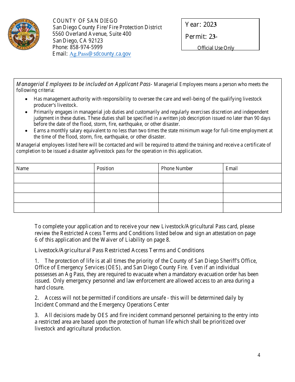 Livestock / Agricultural Pass Application - County of San Diego, California, Page 4