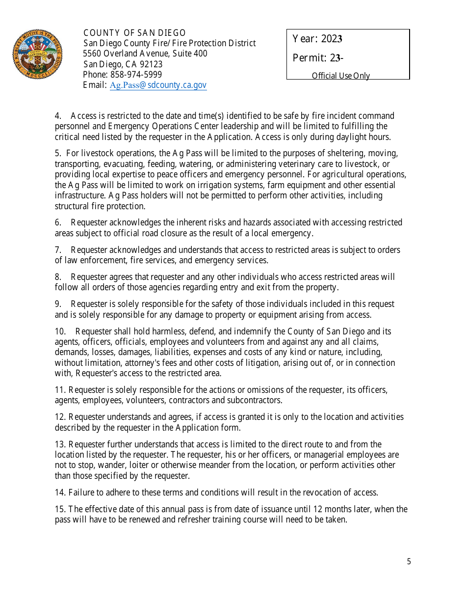 Livestock / Agricultural Pass Application - County of San Diego, California, Page 5