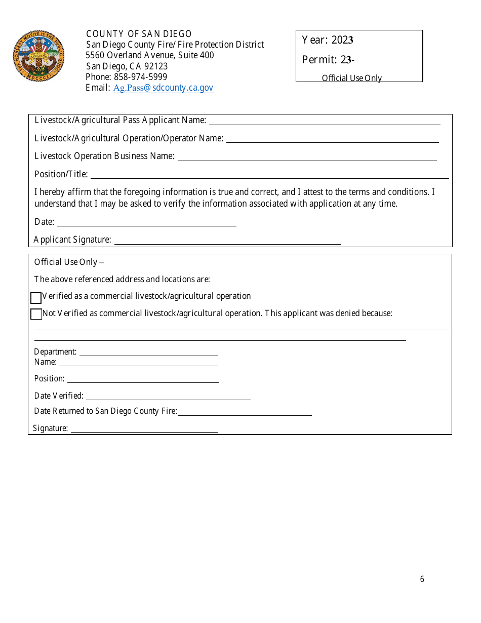 Livestock / Agricultural Pass Application - County of San Diego, California, Page 6