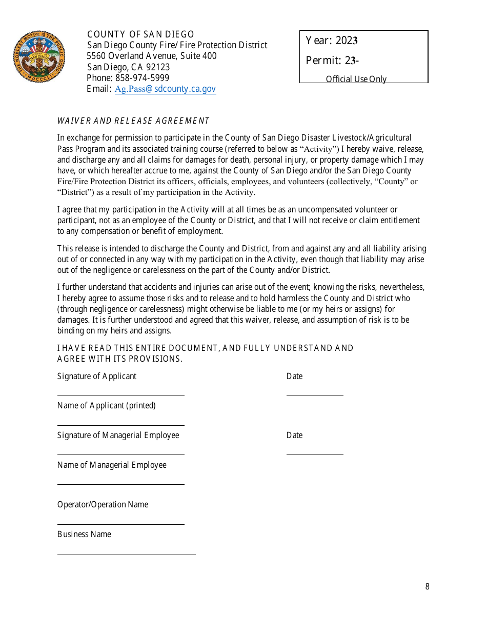 Livestock / Agricultural Pass Application - County of San Diego, California, Page 8