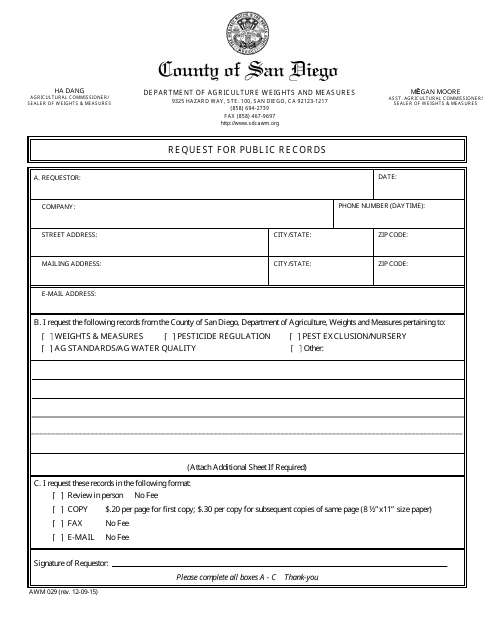 Form AWM029 Request for Public Records - County of San Diego, California