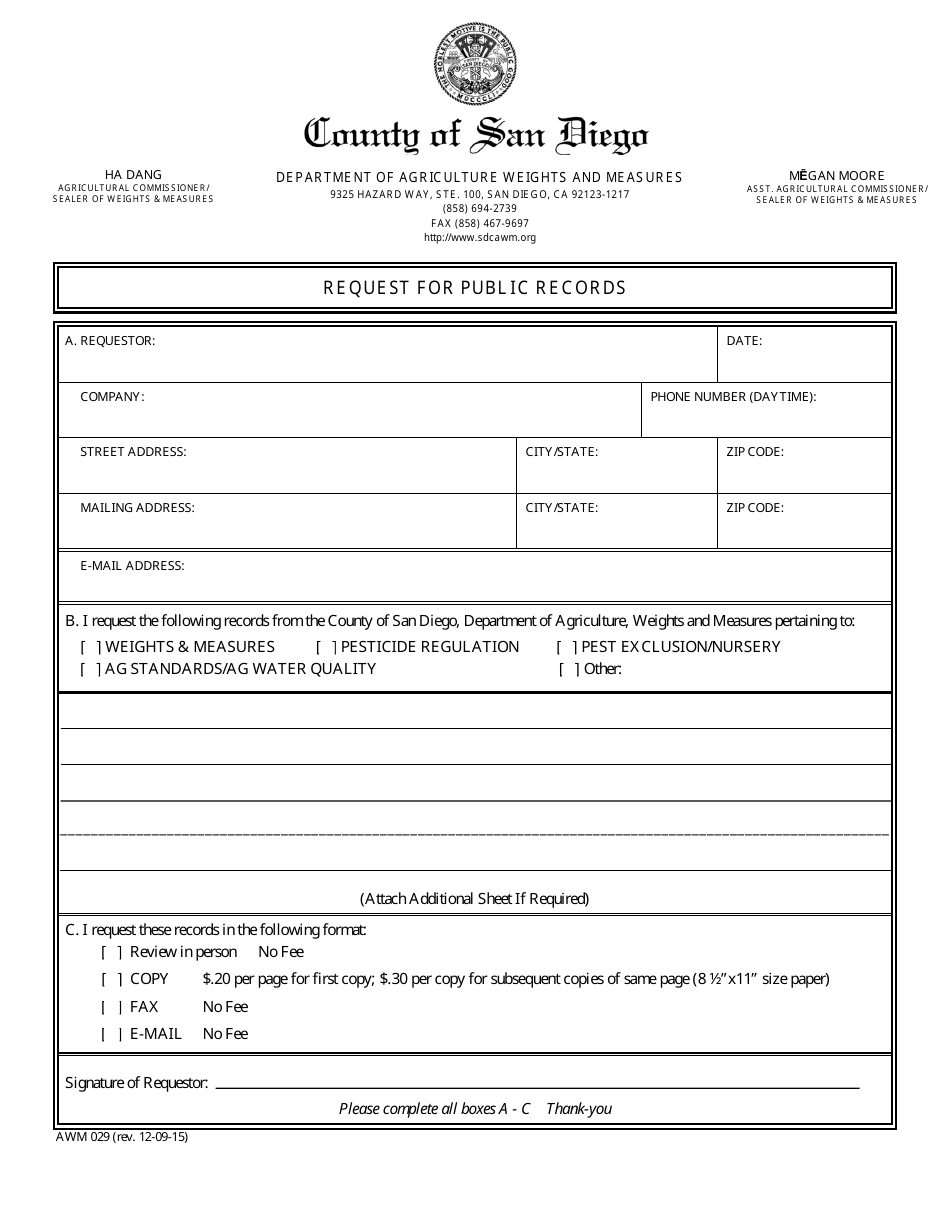 Form AWM029 Request for Public Records - County of San Diego, California, Page 1
