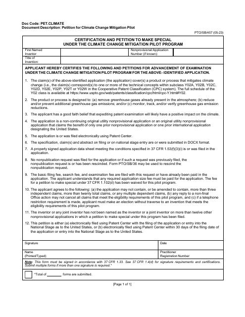 Form PTO/SB/457 Certification and Petition to Make Special Under the Climate Change Mitigation Pilot Program
