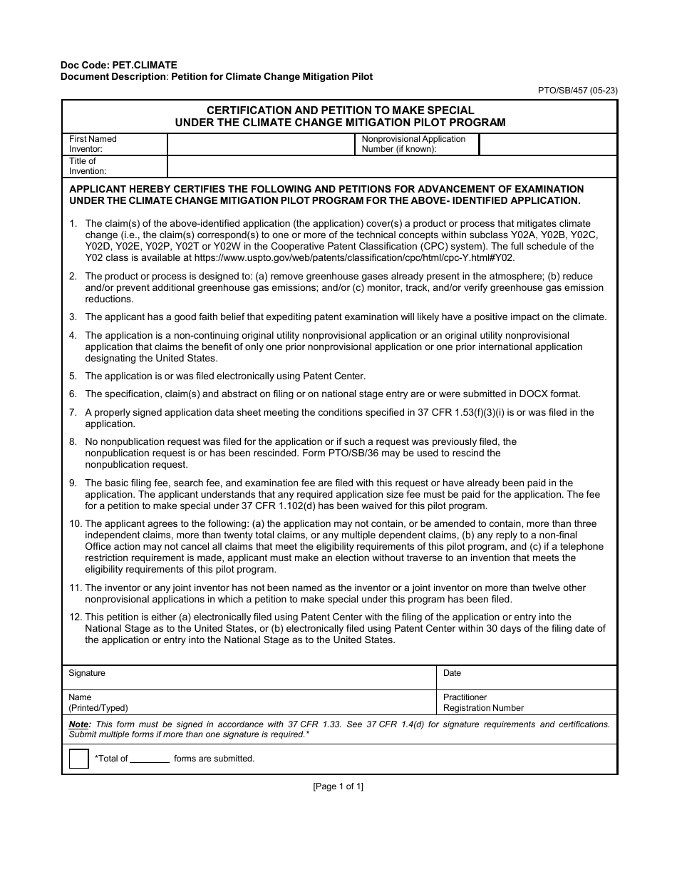 Form PTO/SB/457 Download Fillable PDF or Fill Online Certification and ...