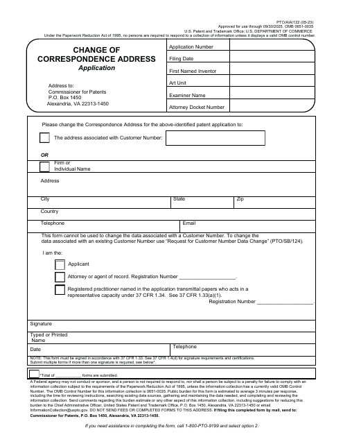 Form PTO/AIA/122 Change of Correspondence Address Application
