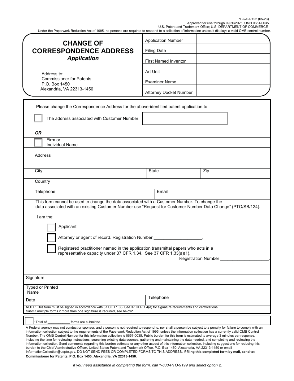 Form PTO / AIA / 122 Change of Correspondence Address Application, Page 1