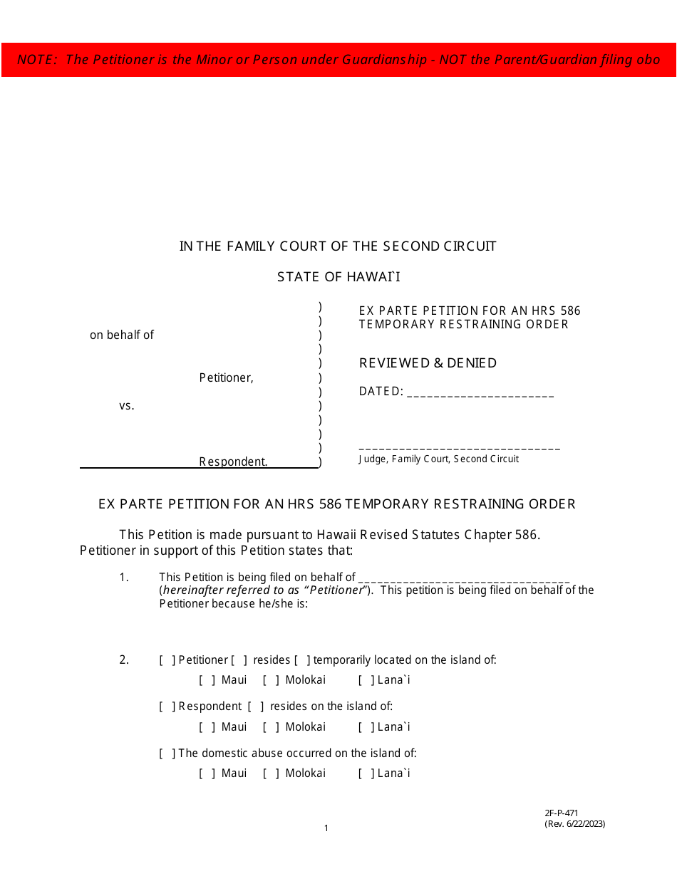 Form 2F-P-471 Ex-parte Petition for an Hrs 586 Temporary Restraining Order - Hawaii, Page 1