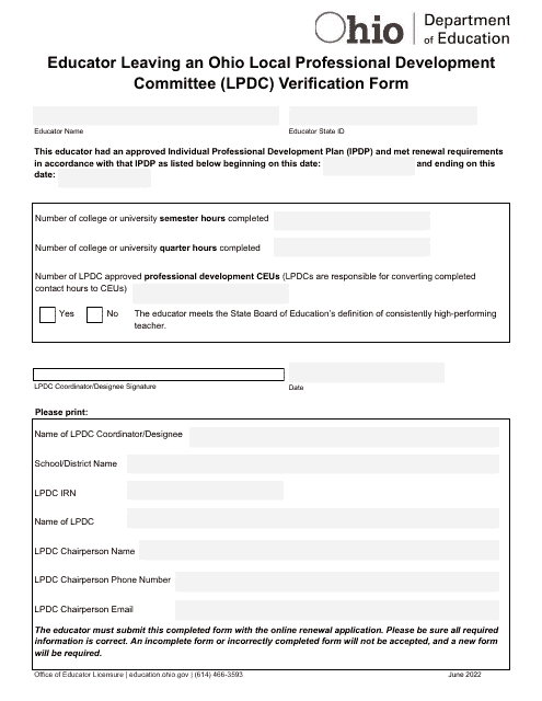 Educator Leaving an Ohio Local Professional Development Committee (Lpdc) Verification Form - Ohio Download Pdf