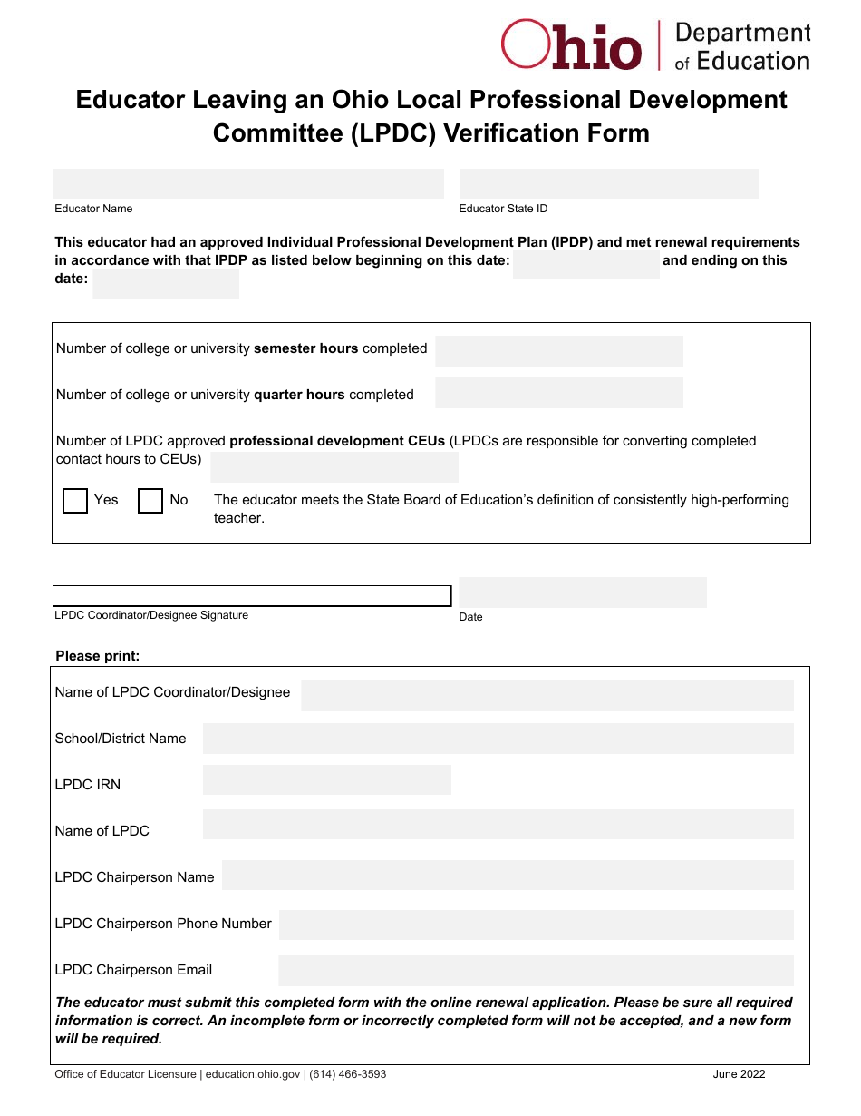 Educator Leaving an Ohio Local Professional Development Committee (Lpdc) Verification Form - Ohio, Page 1