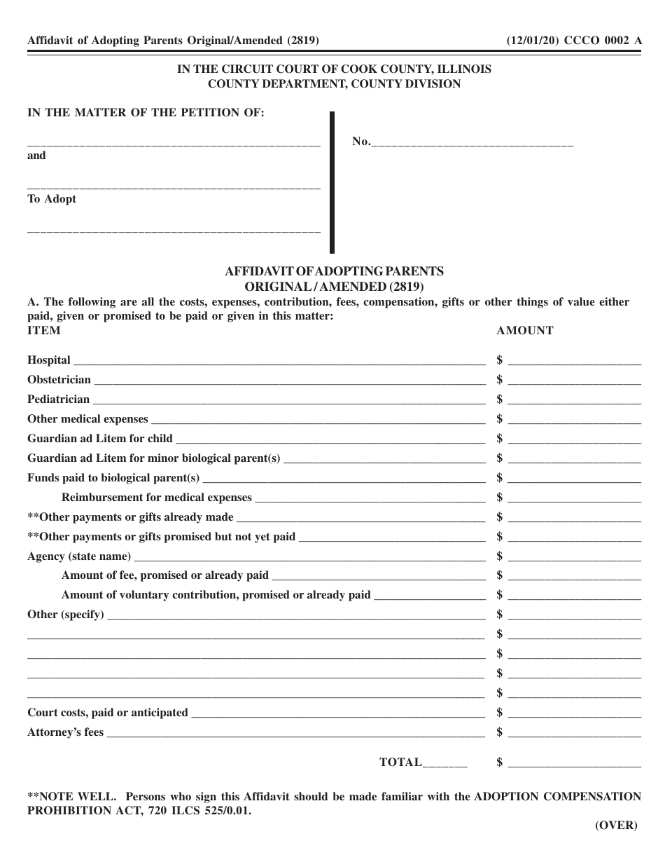 Form CCCO0002 Affidavit of Adopting Parents Original / Amended (2819) - Cook County, Illinois, Page 1