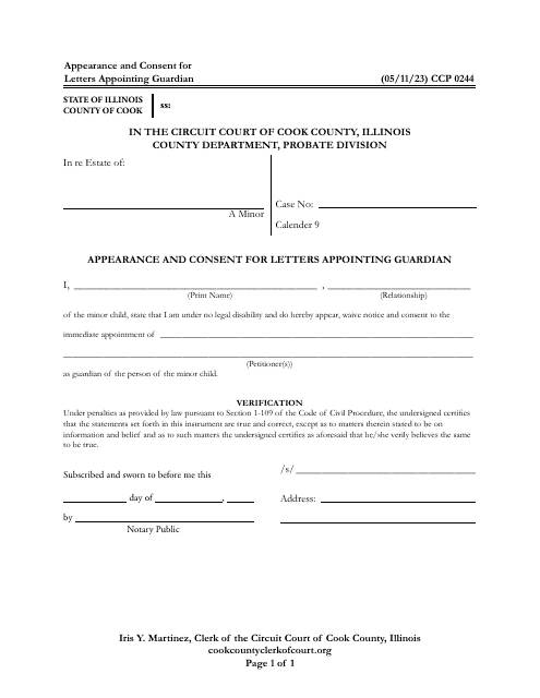 Form CCP0244 Appearance and Consent for Letters Appointing Guardian - Cook County, Illinois