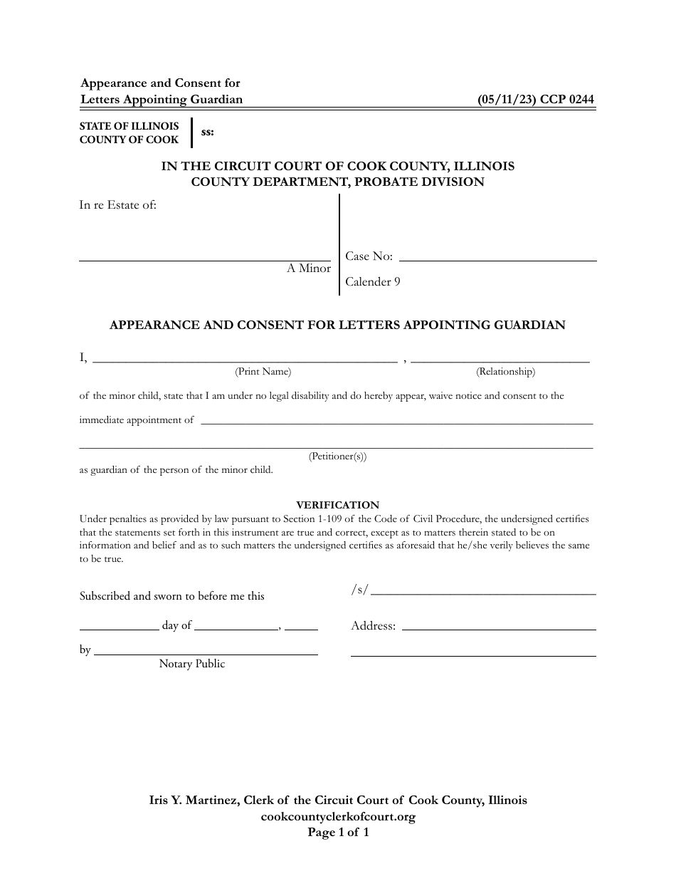 Form CCP0244 Appearance and Consent for Letters Appointing Guardian - Cook County, Illinois, Page 1