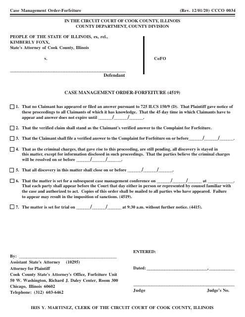 Form CCCO0034 Case Management Order-Forfeiture (4519) - Cook County, Illinois