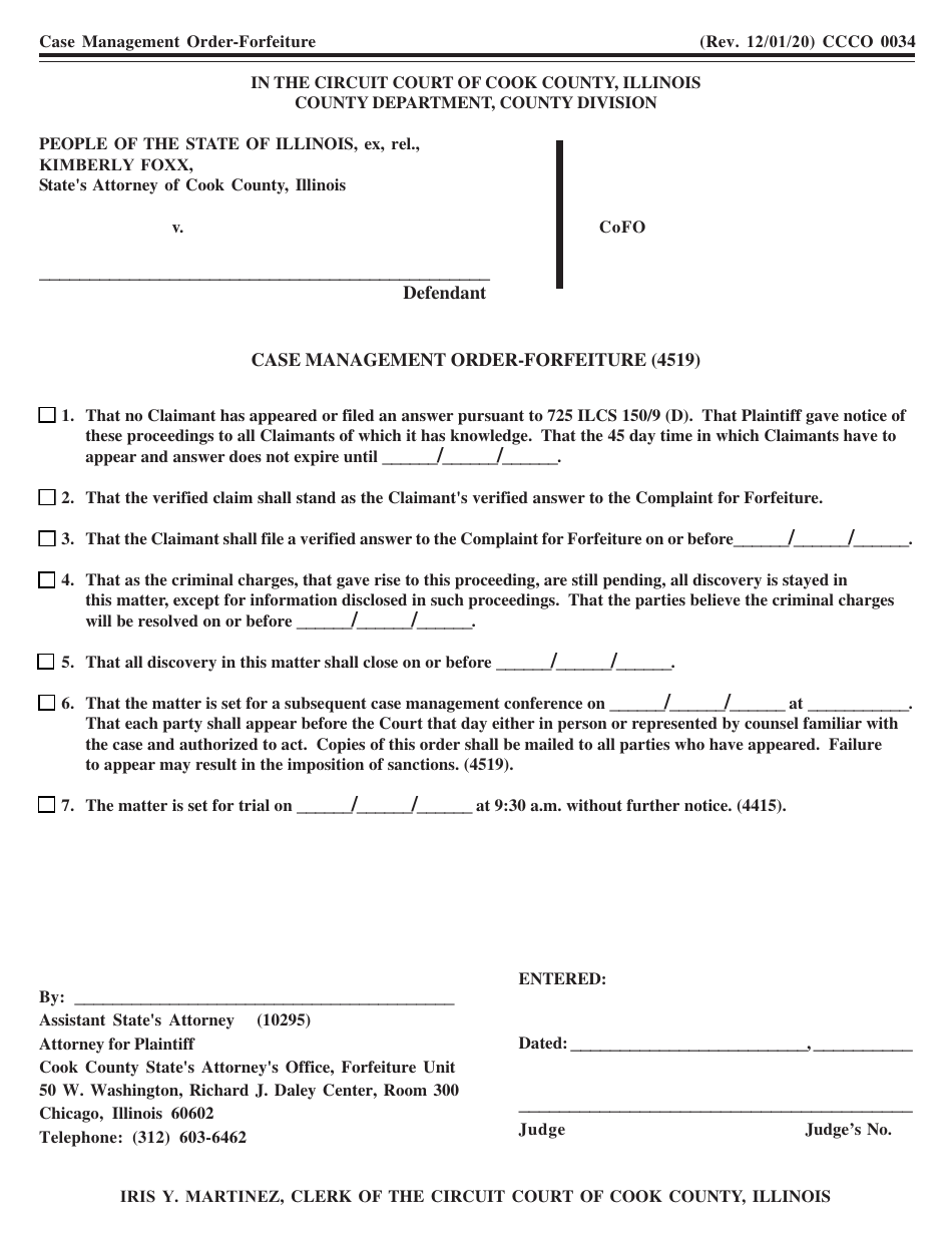 Form CCCO0034 Case Management Order-Forfeiture (4519) - Cook County, Illinois, Page 1