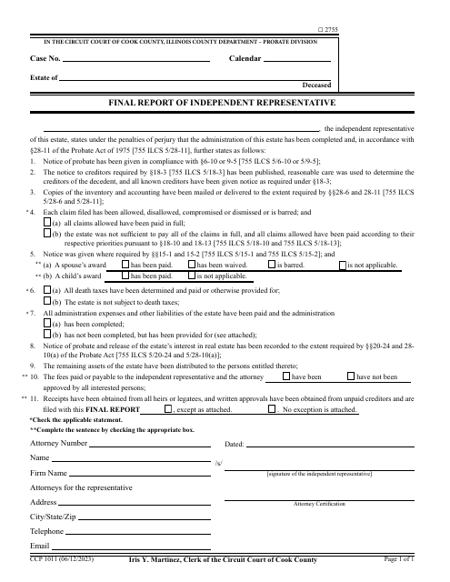 Form CCP1011 Final Report of Independent Representative - Cook County, Illinois