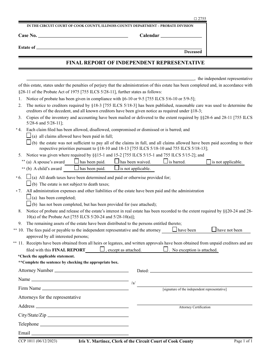 Form CCP1011 Final Report of Independent Representative - Cook County, Illinois, Page 1