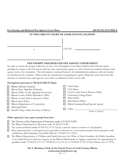 Form CCG0020 Fee Exempt and Reduced Fee Agency Cover Sheet - Cook County, Illinois