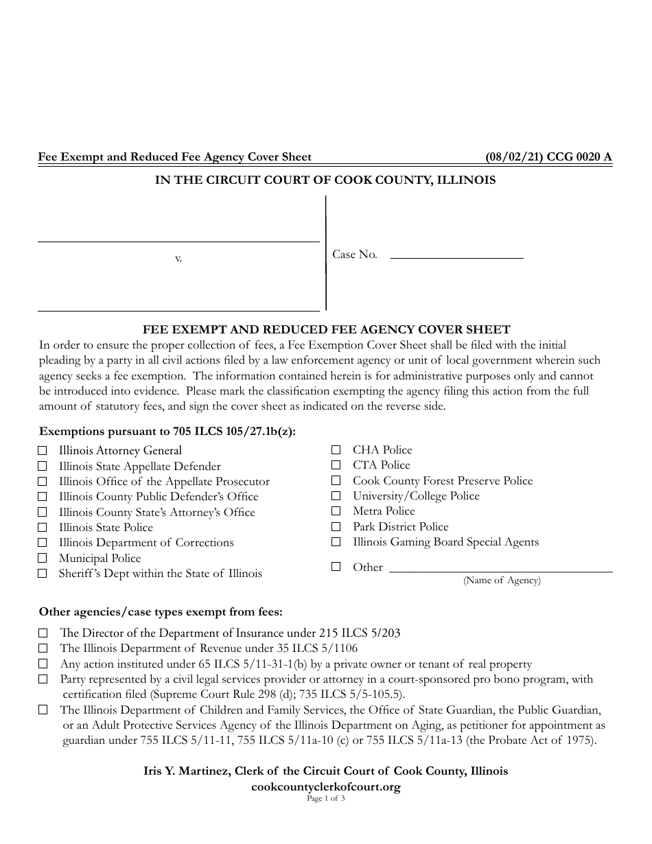 Form CCG0020 Fee Exempt and Reduced Fee Agency Cover Sheet - Cook County, Illinois, Page 1