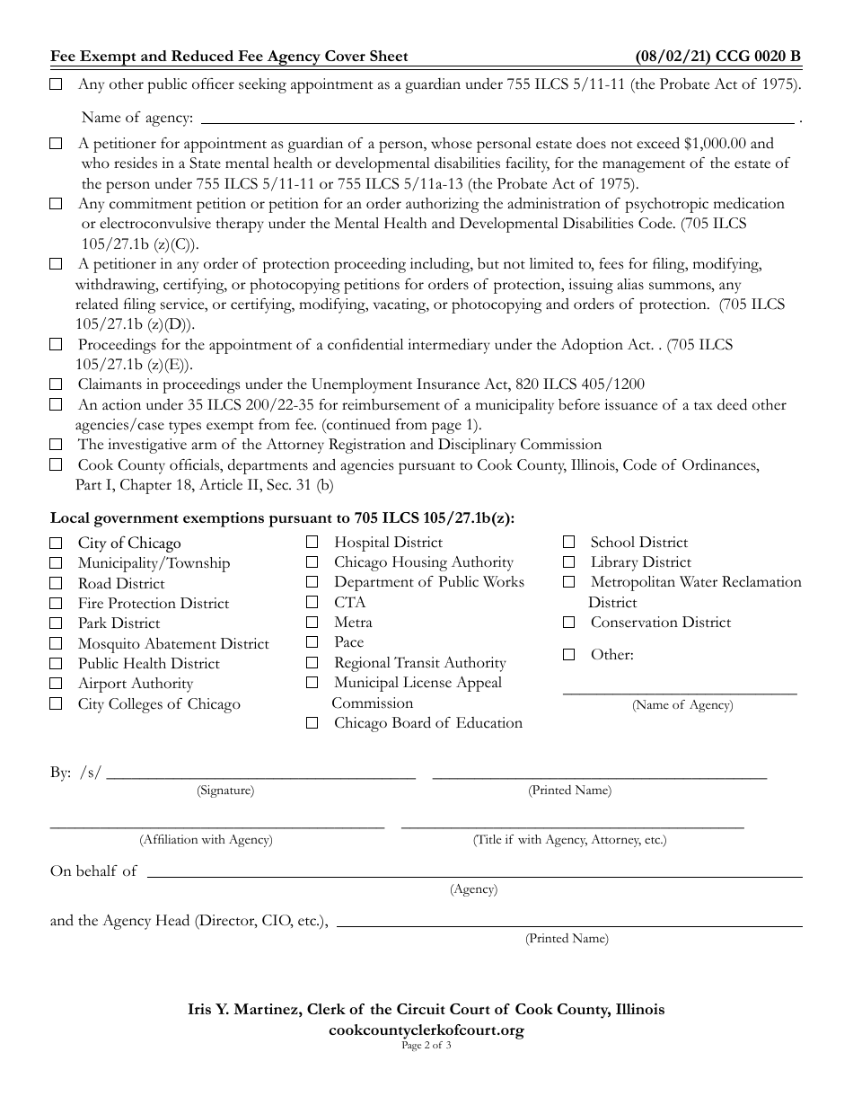 Form CCG0020 Fee Exempt and Reduced Fee Agency Cover Sheet - Cook County, Illinois, Page 2