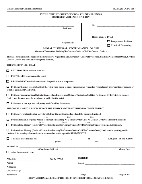 Form CCDV0007 Denial/Dismissal Continuance Order - Cook County, Illinois
