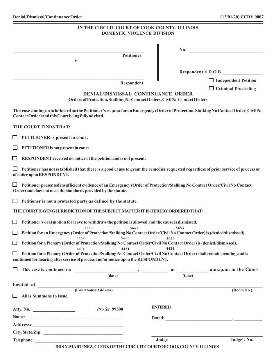 Form CCDV0007 Denial / Dismissal Continuance Order - Cook County, Illinois, Page 1