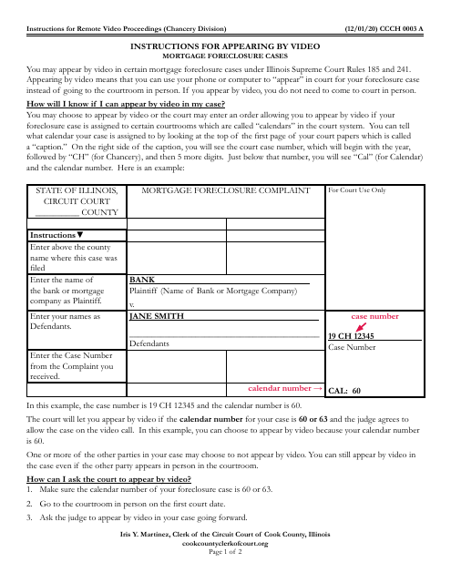 Form CCCH0003 Instructions for Appearing by Video Mortgage Foreclosure Cases - Cook County, Illinois