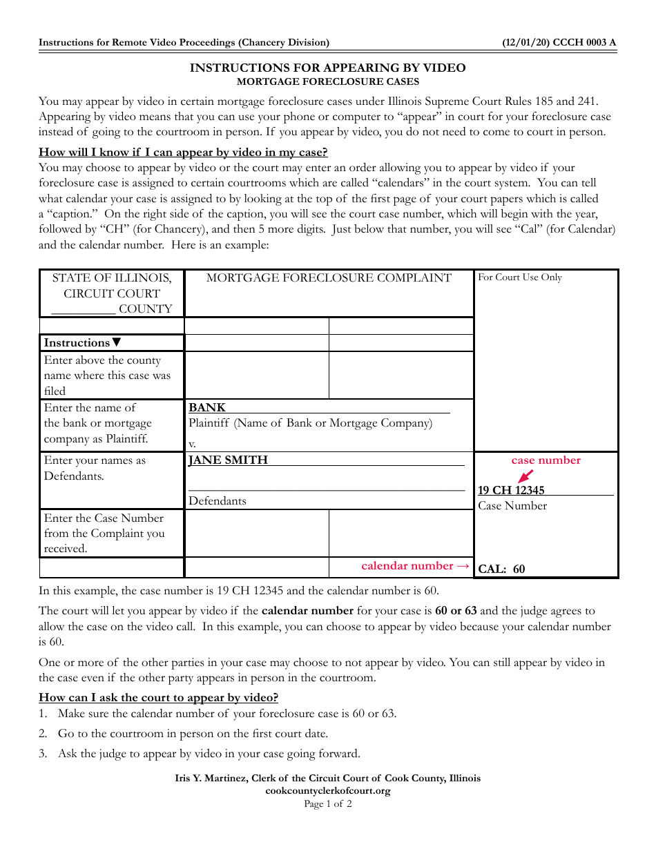 Form CCCH0003 Instructions for Appearing by Video Mortgage Foreclosure Cases - Cook County, Illinois, Page 1