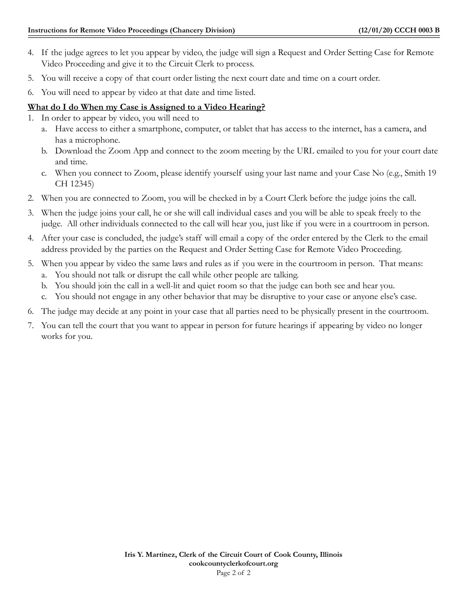 Form CCCH0003 Instructions for Appearing by Video Mortgage Foreclosure Cases - Cook County, Illinois, Page 2