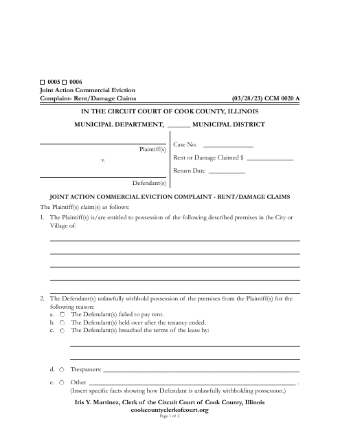 Form CCM0020 Joint Action Commercial Eviction Complaint - Rent/Damage Claims - Cook County, Illinois
