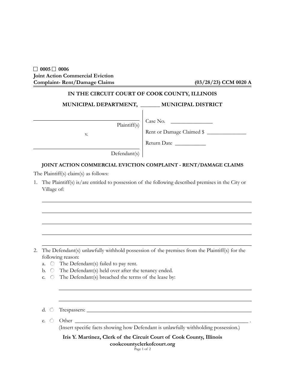 Form CCM0020 Joint Action Commercial Eviction Complaint - Rent / Damage Claims - Cook County, Illinois, Page 1