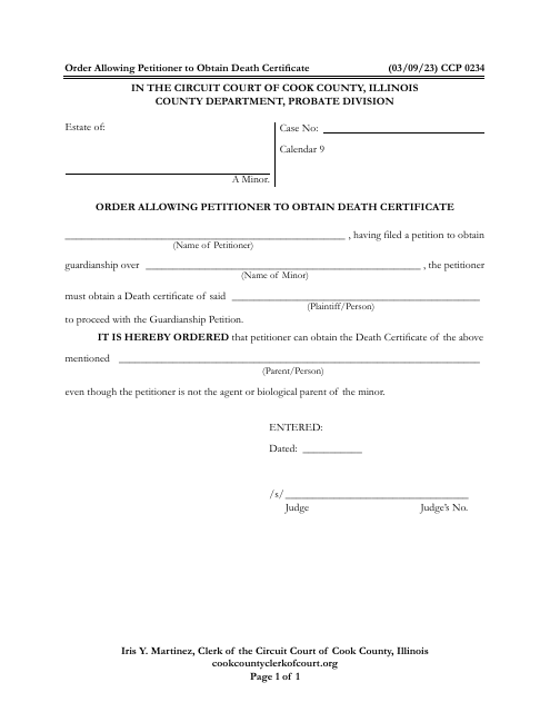Form CCP0234 Order Allowing Petitioner to Obtain Death Certificate - Cook County, Illinois