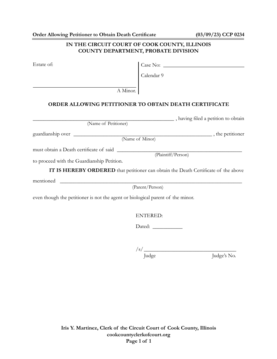 Form CCP0234 Order Allowing Petitioner to Obtain Death Certificate - Cook County, Illinois, Page 1