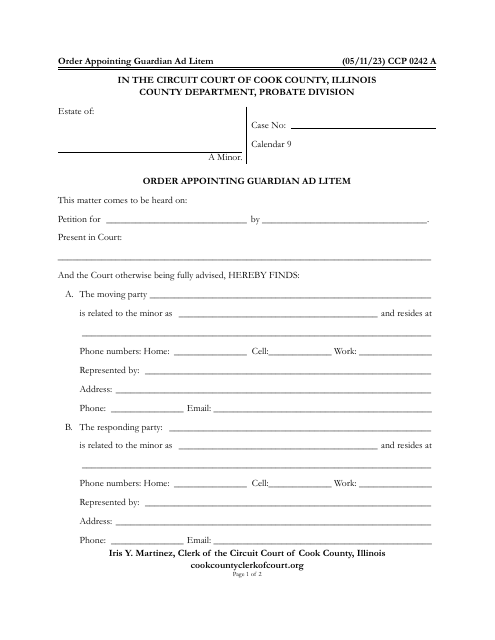 Form CCP0242 Order Appointing Guardian Ad Litem - Cook County, Illinois