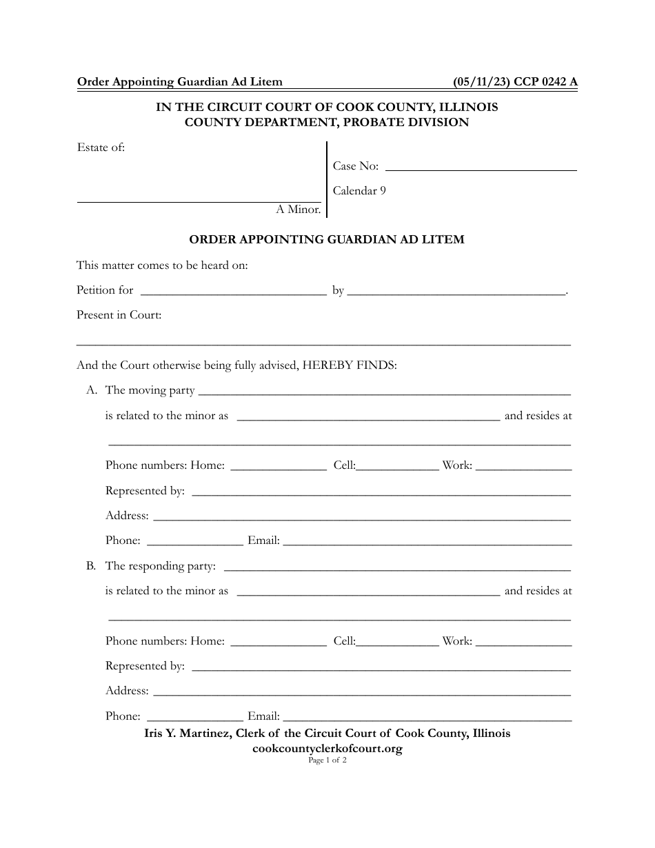 Form CCP0242 Order Appointing Guardian Ad Litem - Cook County, Illinois, Page 1