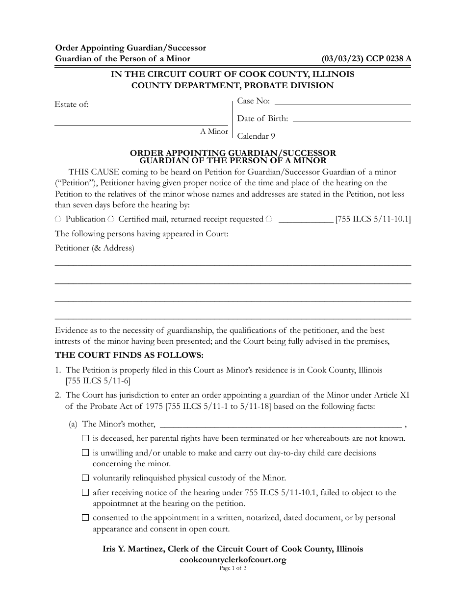 Form CCP0238 Order Appointing Guardian / Successor Guardian of the Person of a Minor - Cook County, Illinois, Page 1