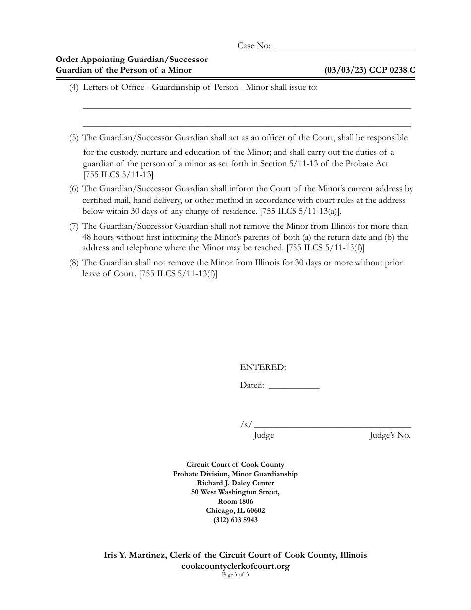 Form CCP0238 Order Appointing Guardian / Successor Guardian of the Person of a Minor - Cook County, Illinois, Page 3