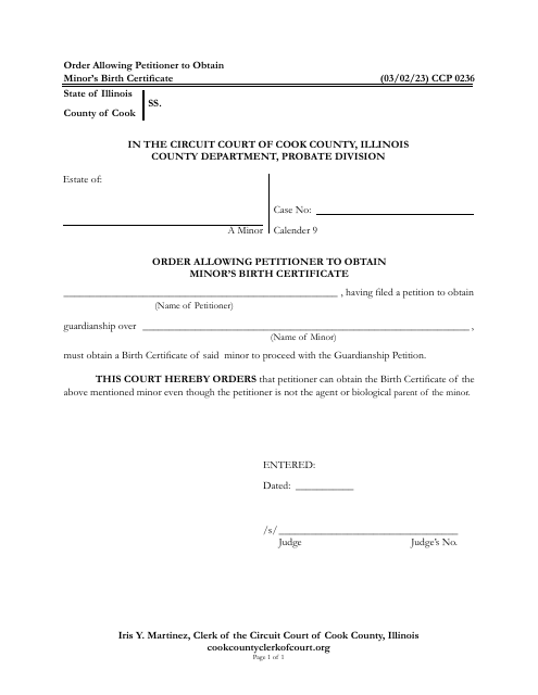 Form CCP0236 Order Allowing Petitioner to Obtain Minor's Birth Certificate - Cook County, Illinois