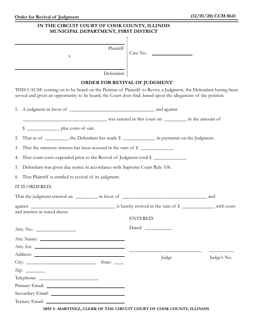Form CCM0641 Order for Revival of Judgment - Cook County, Illinois