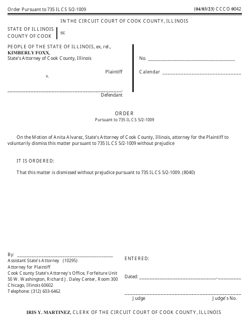 Form CCCO0042 Order Pursuant to 735 Ilcs 5/2-1009 - Cook County, Illinois