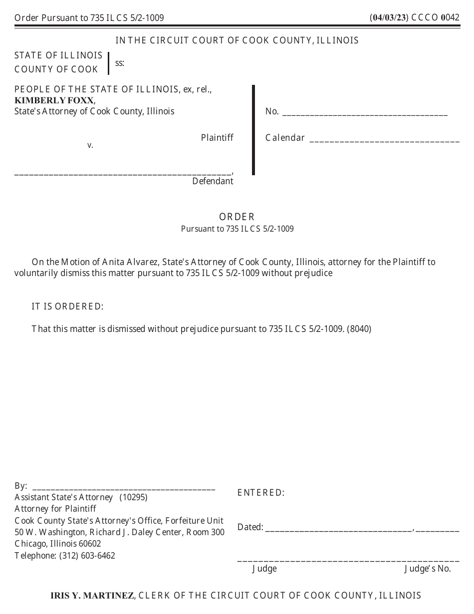 Form CCCO0042 Order Pursuant to 735 Ilcs 5 / 2-1009 - Cook County, Illinois, Page 1