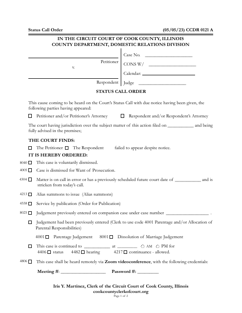 Form CCDR0121 Status Call Order - Cook County, Illinois