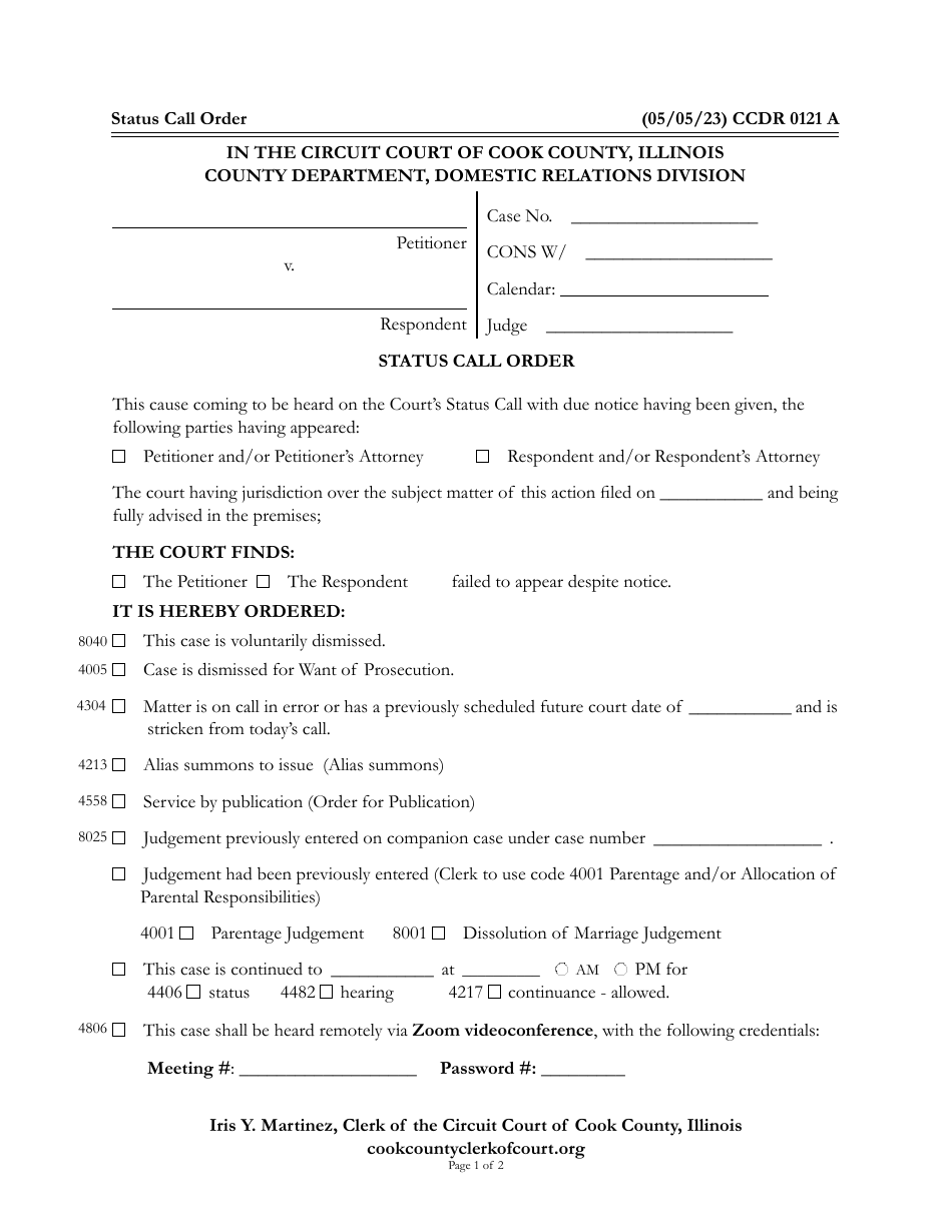 Form CCDR0121 Status Call Order - Cook County, Illinois, Page 1